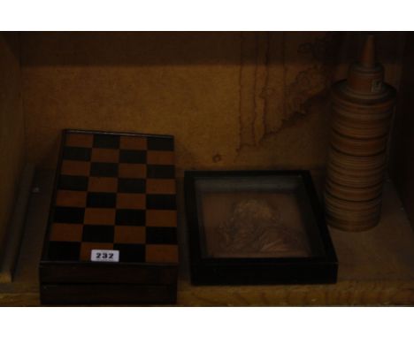  A modern chess set   in wooden box, a wax portrait profile and an Indian goblet cylinder 