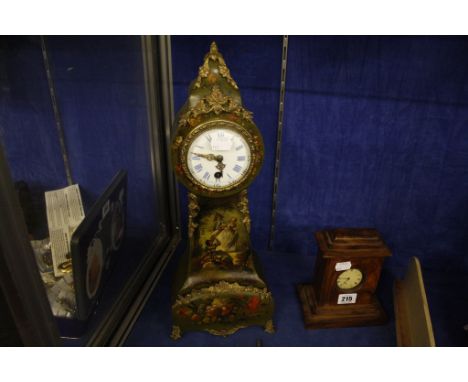  A Continental green painted mantel clock  , 46cm high and another timepiece (2) 