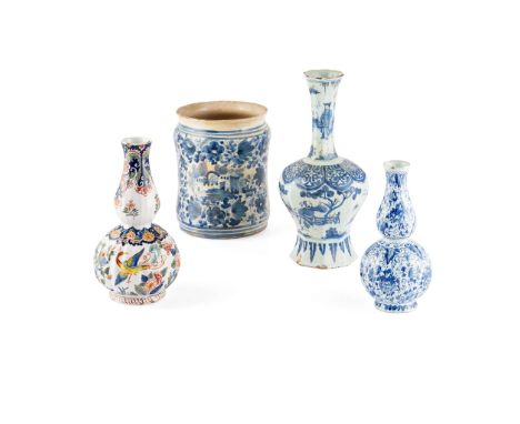  THREE DELFT VASES 18TH CENTURY to include a Delft vase of octagonal form with a tall, slender tapering neck, painted with fi