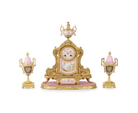  FRENCH GILT BRONZE AND PORCELAIN CLOCK GARNITURE LATE 19TH CENTURY the painted porcelain dial with Roman numeral cartouches 