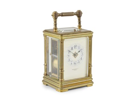  FRENCH BRASS REPEATING CARRIAGE CLOCK EARLY 20TH CENTURY the cream enamel dial with white circular cartouche Arabic numerals