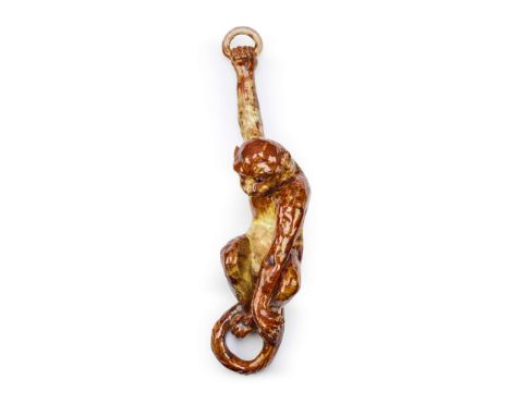  POLYCHROME GLAZED EARTHENWARE HANGING MONKEY FIGURE ATTRIBUTED TO EMILE GALLE (1846-1904) CIRCA 1890 in mottled glazes of tr