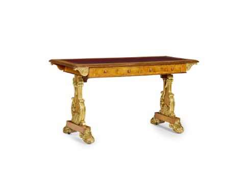  LATE REGENCY GILTWOOD AND BLONDE MAHOGANY LIBRARY TABLE EARLY 19TH CENTURY the rectangular with moulded edge, set with a gil