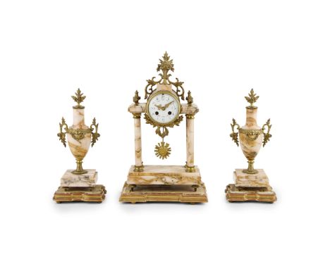  FRENCH GILT BRONZE AND MARBLE CLOCK GARNITURE LATE 19TH CENTURY the white enamel dial with Arabic numerals and a floral garl