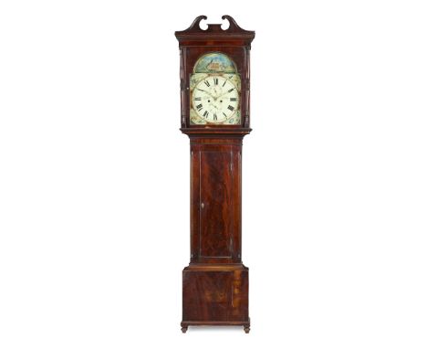  SCOTTISH MAHOGANY PAINTED DIAL AUTOMATON LONGCASE CLOCK, JAMES MURDOCH, NEWTON, AYR EARLY 19TH CENTURY the 14 inch cream ena