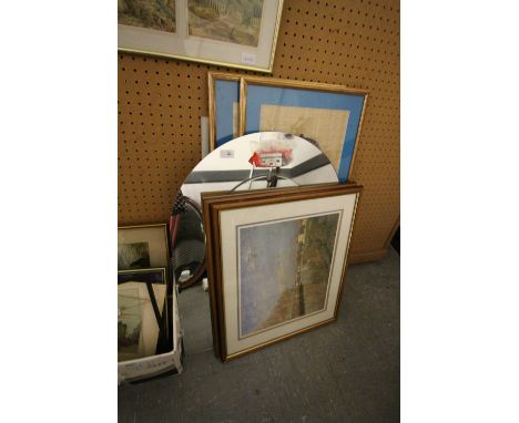 Signed coloured etching, mixed pictures and a mirror