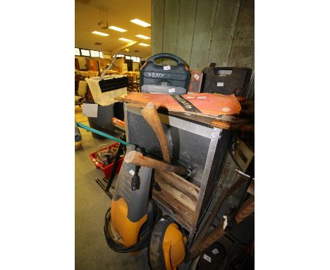 Tray for standing plants, plastic hedge guards, various garden tools