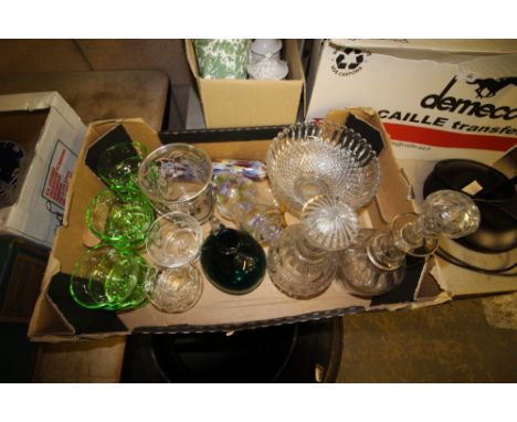 Box of glassware, decanters, rolling pin etc