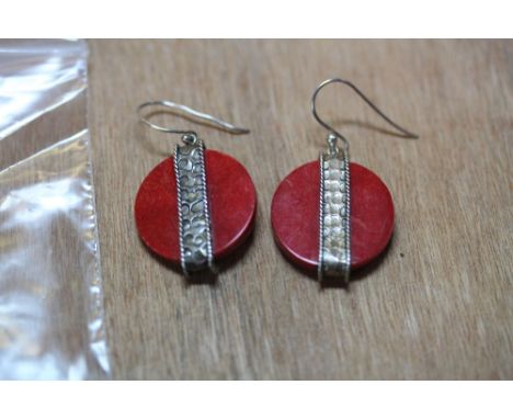 Pair of coral disc and silver earrings of Art Deco design