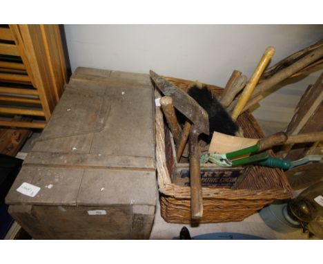 Frys Coco box, wicker baskets, ammo box and wooden step ladder