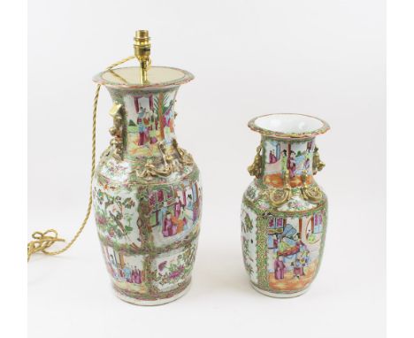 CHINESE VASE, famille verte decorated panels and gilt dragons, 35cm H; & a similar vase converted to a lamp, 45cm H, plus sha