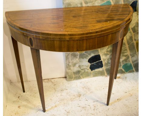 DEMI LUNE CARD TABLE, George III mahogany and satinwood with inlaid detail, 93cm x 46cm x 76cm H. (with faults)