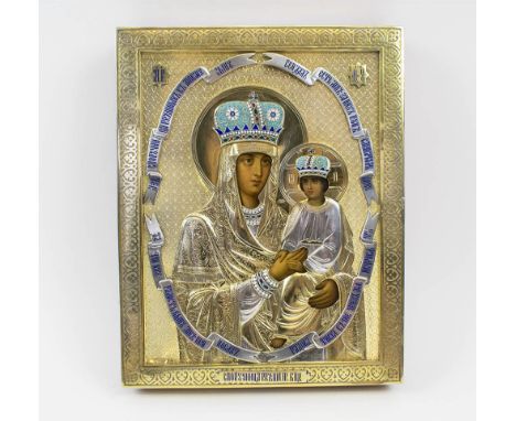 RUSSIAN ICON, depicting mother of god and infant child, hallmarked silver gilt and enamel detailed oklad, 22cm H x 17.5cm W. 