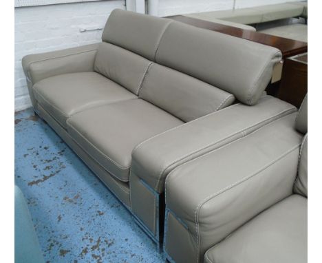 SOFA, two seater, Italian designer, grey stitched leather with adjustable head and back rest with chrome metal mounts, 215cm 
