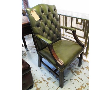 OPEN ARMCHAIR, in a button back green leather with studded detail, 61cm W x 57cm D x 107cm H. 