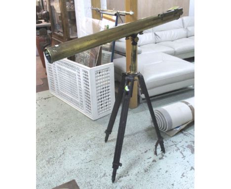 TELESCOPE, late 19th century brass on tripod stand, length of main barrel, 115cm L. (with faults)