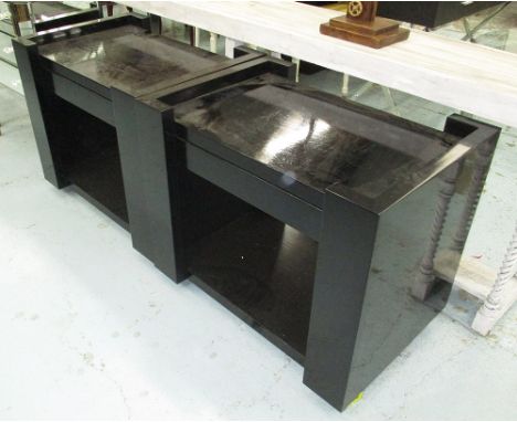 BEDSIDE TABLES, a pair, in black ash with drawer and shelf below, 82cm x 57cm x 70cm H. (2)
