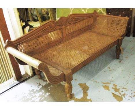 SOFA, Colonial style vintage teak carved scroll back, caned seat and reeded turned supports, 176cm W.