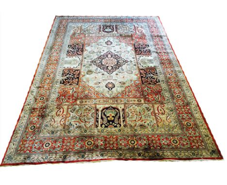 EXTREMELY FINE PURE SILK HEREKE GARDEN DESIGN CARPET, 277cm x 183cm, pendant medallion within a tiled design inner border and