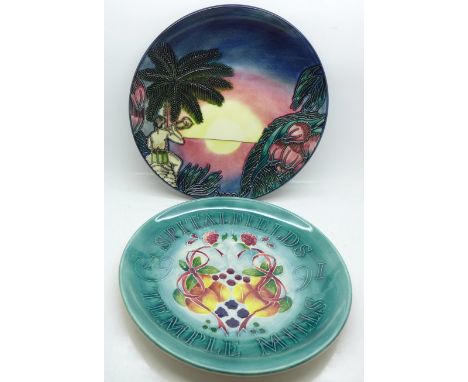 Two Moorcroft plates, one Birth of Light Millennium pattern by Nicola Slaney, one Spitalfields Temple Mills 1991, City of Lon