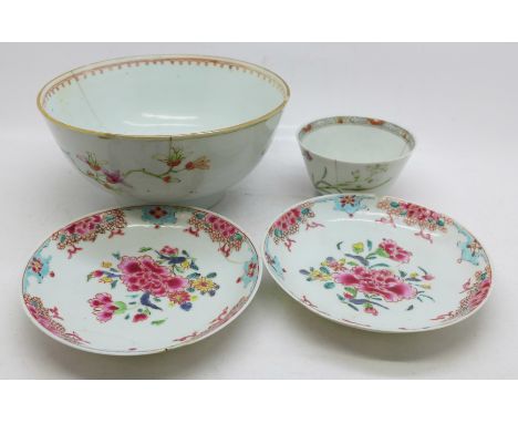 A pair of Chinese porcelain dishes, a tea bowl and sugar basin, a/f 