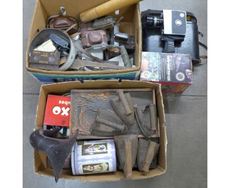 Three boxes of miscellaneous items, cameras, Viewmaster, lantern slides, music stands, tins, flat irons, etc. **PLEASE NOTE T