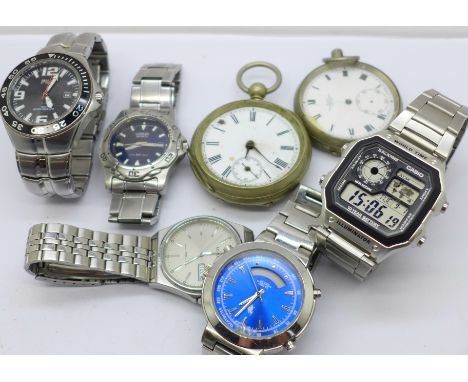 Five gentleman's wristwatches including Lorus, Fila, Polo and Casio and two pocket watches, pocket watches a/f 