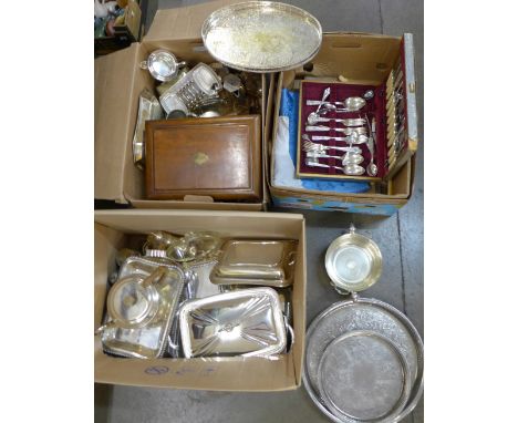 Three boxes of silver plate, tea service, trays, vegetable dishes and covers, jugs, cutlery, etc. **PLEASE NOTE THIS LOT IS N