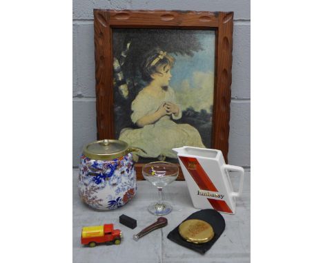 An Embassy water jug, a Staffordshire transfer printed biscuit barrel with plated top, a Babycham glass, miniature Hohner mou