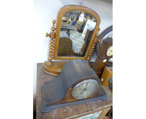 A Victorian satin birch toilet mirror and an oak mantel clock