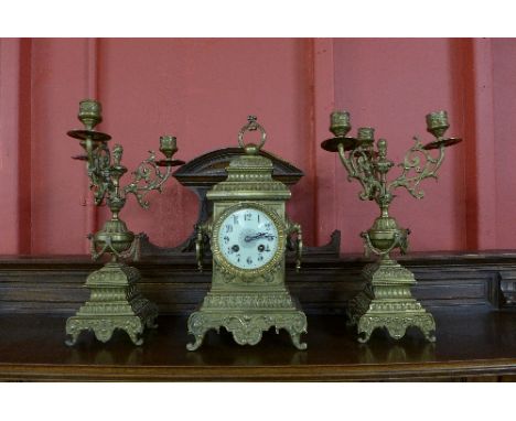A French style gilt metal clock garniture