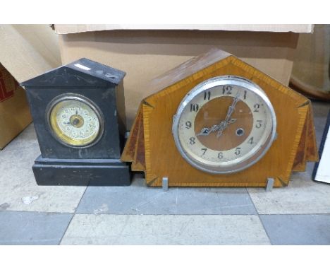 An Art Deco walnut mantel clock and a slate mantel clock