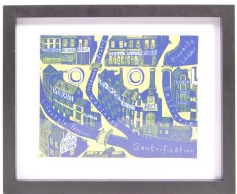 Grayson Perry, RA (British b1960) - Contemporary Gentrification print on textile 'gentrification cloth' in yellow and blue to