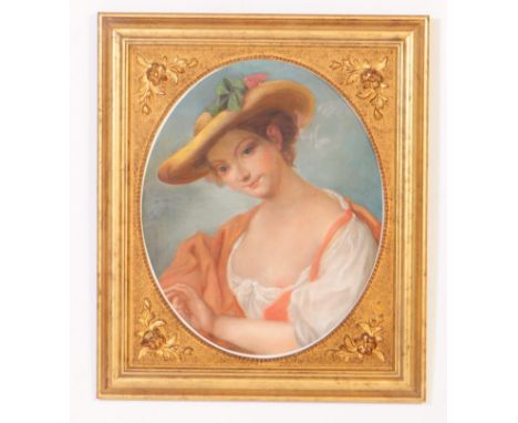 A 19th Century pastel artwork depicting a portrait of a young woman looking out towards the viewer wearing a dress draped fli