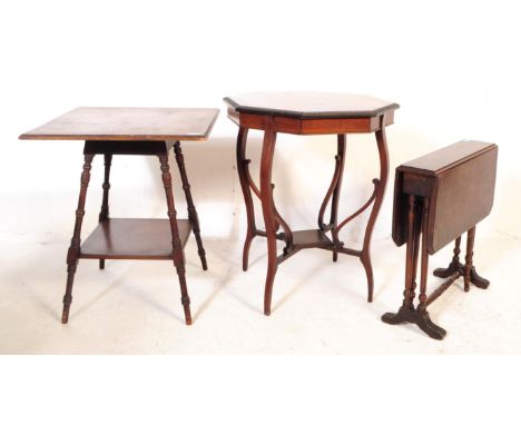 A collection of three Edwardian circa 1900s mahogany inlaid side tables. One gate leg sutherland table with castors of small 