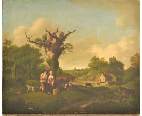 A 19th century Victorian genre oleograph painting. Depicting a country side / farm scene with farmhouse, figures and tree.&nb