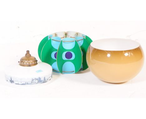 A collection of retro mid 20th century ceiling light / lamp shades. To include a glass white&nbsp;opaque shade with country /