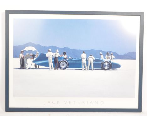A contemporary Jack Vettriano&nbsp;print on board 'Bluebird at Bonneville' car on salt flats scene, great salt lake basin in 