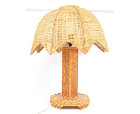 A retro 1980s rattan - wicker table - desk lamp. Base, column and shade diffuser constructed of rattan/wicker with aluminium 