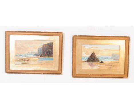 Two early 20th century circa 1915 Walter W. Goddard watercolour seascape coastal paintings. Each painting depicting beachside