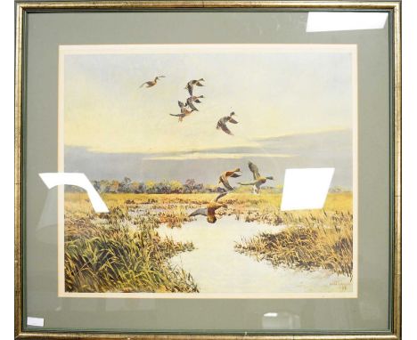 H* Monahan - "Ducks in flight", signed in pencil to the margins, offset lithograph, 50 x 60.5cms, in gilt frame.