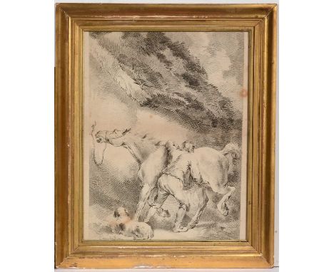 After George Morland - Study of a stablehand with a horse and dog, lithograph, 47 x 37cms, in gilt frame.