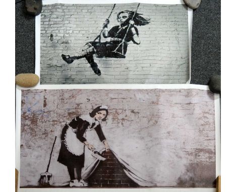 British School, 20th Century - Two photographs on canvas of "Sweep it under the carpet" and "Swing Girl" by Banksy, 50 x 80cm