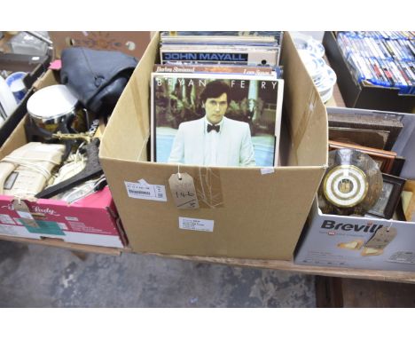 Three boxes of sundry itemsTo include vintage telephones, a collection of LPs and singles, wall barometers, miniature picture