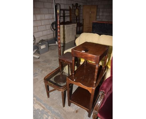 Five items of furnitureTo include a two tier mahogany table, mahogany lamp table, a glass top butler's tray, small stool and 