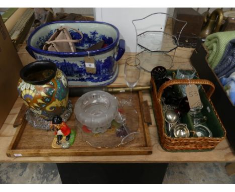 A collective lot to include a blue and white ceramic footbathA Dutch Gouda Art Deco vase, a wicker cutlery basket, a cakestan