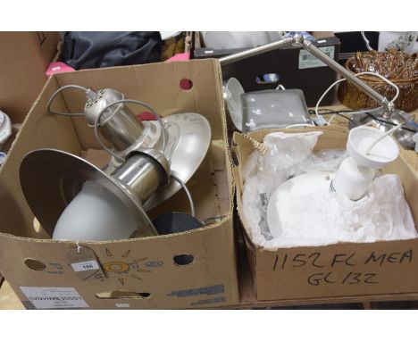 A collection of lightingTo include brushed metal industrial type ceiling lights, an adjustable reading lamp etc. 