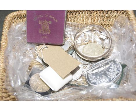 A Victorian crown dated 1889 Silver bangle, silver ingot and chain and other coinage.