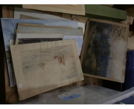 A collection of various unframed sketches and paintings Including Cornish ones, portrait sketches, watercolour seascapes etc.