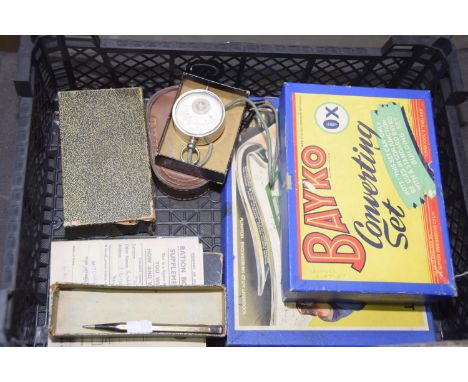 Two cased Bayko setsA converting set and a building set, a pocket volt meter, a propelling pencil, folding camera and other i